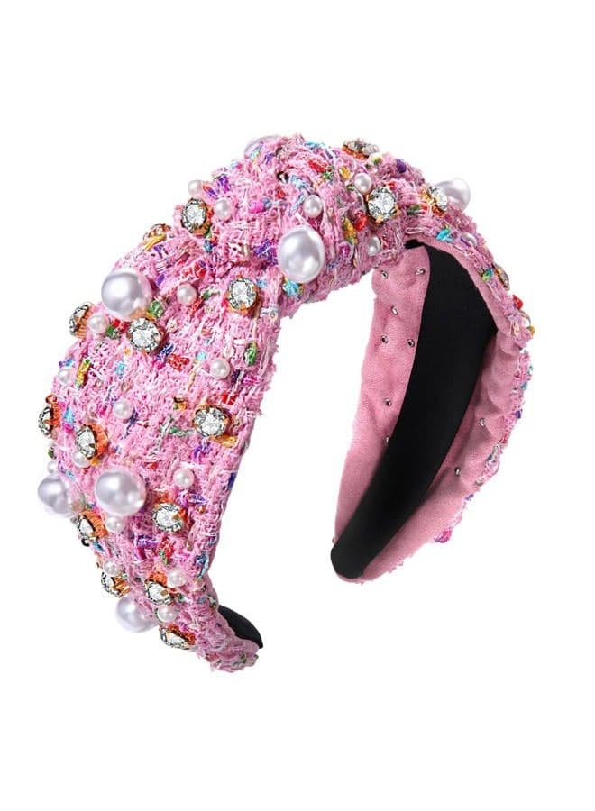 Knotted Headbands for Women, Pearl Crystal Knotted Headband, Rhinestone Embellished Jeweled Headbands Wide Top Knot Hairband Womens Fashion Hair Accessory (Pink)
