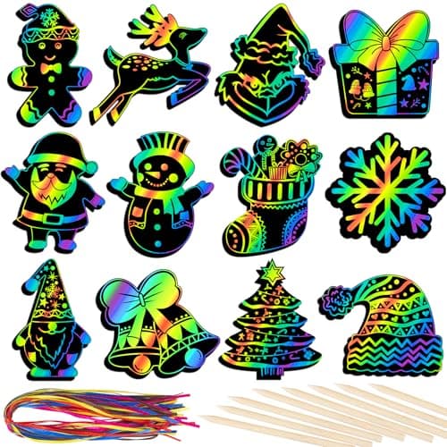 RICEDUO 48 Pcs Christmas Scratch Crafts Art for Kids Rainbow Christmas Scratch Paper Art with Wooden Sticks Xmas Ornaments for Kids Party Favors Supplies