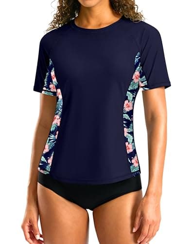 SANTINY Rash Guard for Women UPF 50 Bathing Suit Sun Protection Short Sleeve Swimsuit Top Quick Dry Swim Shirts for Women Navy Floral_M