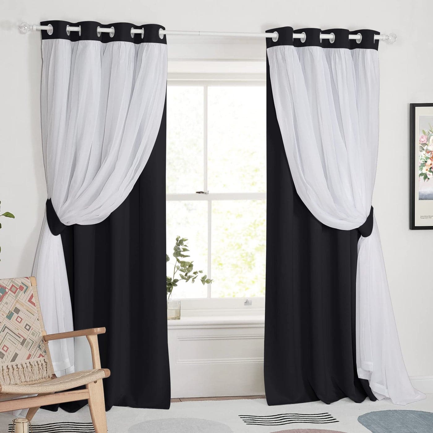 PONY DANCE Black Curtains for Bedroom Decorative Window Curtains Double Layered Blackout Drapery White Crushed Sheers Panels Set for Living Room 52 W x 84 L Set of 2