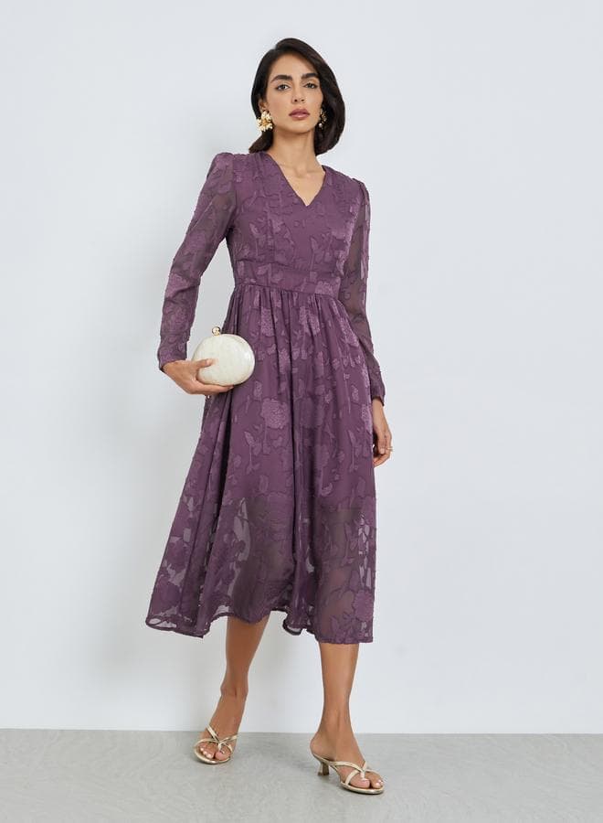 Purple Floral Jacquard A-Line Midi Dress