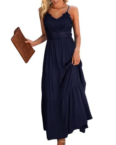 Dokuritu Women's Beach Crochet Lace Maxi Dress Cocktail Bridal Shower Summer Vacation Spaghetti Strap Long Navy Blue Dresses for Wedding 2025(Navy,XL)