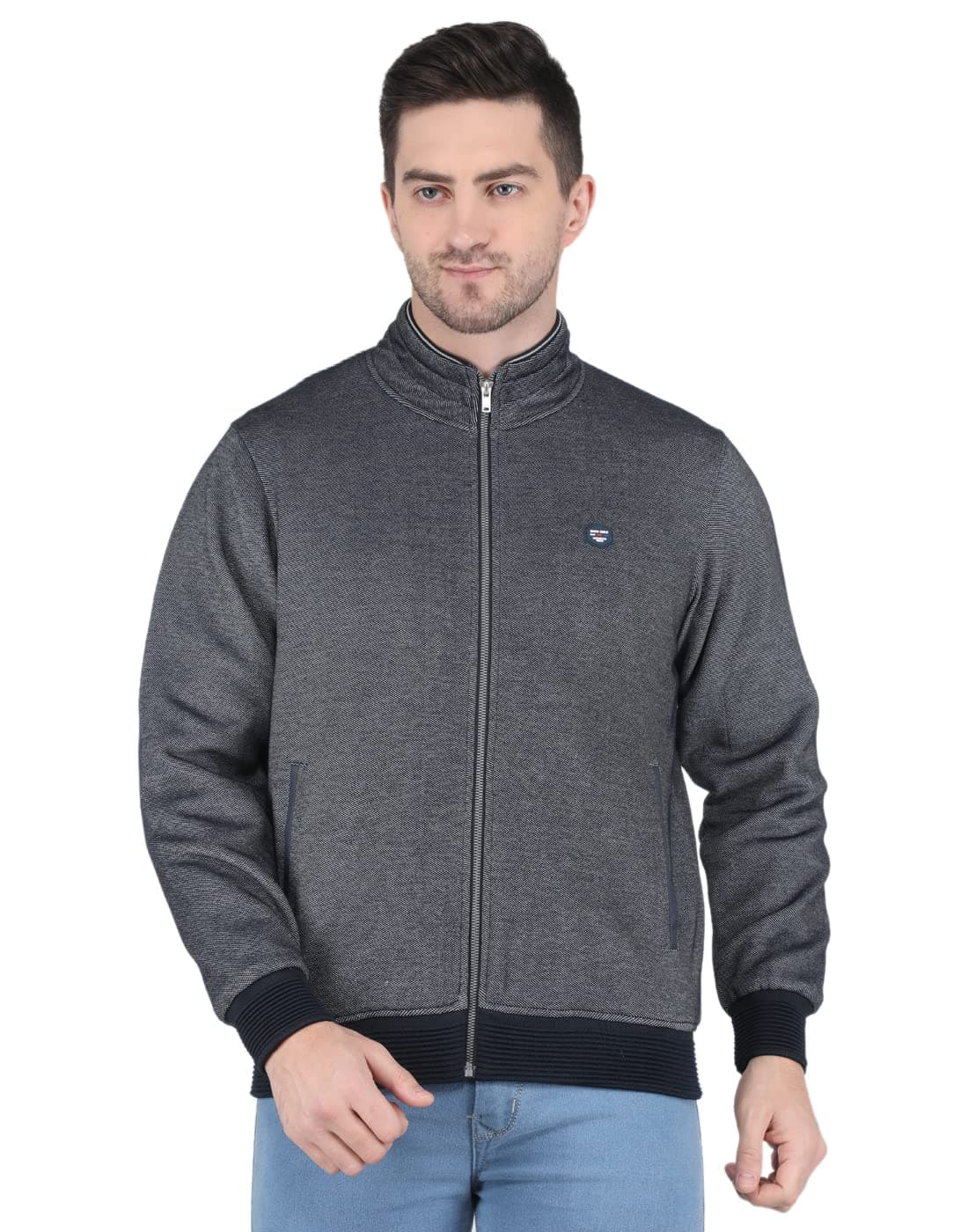 Monte Carlo Mens Standard Length Cotton Blend Jacquard Collar Jacket (Blue, Large)