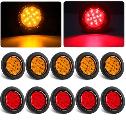 Konrali 2.5" Round LED Marker Lights 13 LEDs w/Reflectors, 5 Amber + 5 Red 2 1/2" Round LED Trailer Truck RV Side Clearance Marker Lights Sealed Flush Grommets Mount with 2 Prong Wire Pigtails