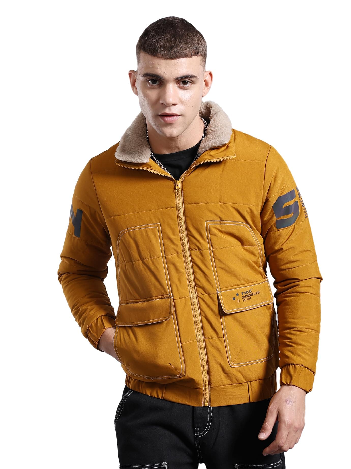 The Indian Garage Co Men Yellow Regular Fit Placement Printed Padded Bomber Jacket