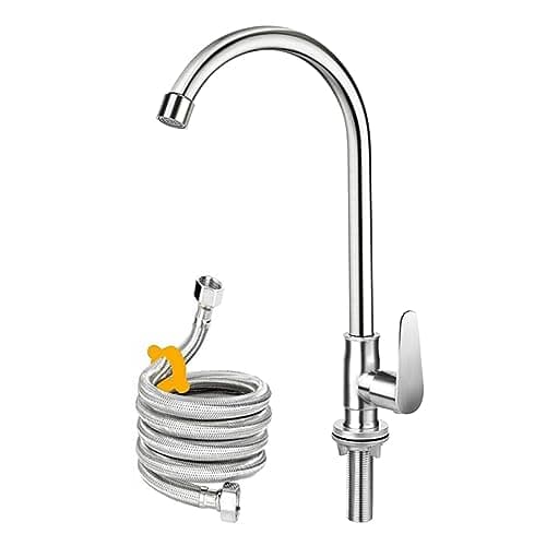 Brushed Nickel Cold Water Faucet OnlySUS304 Stainless Steel Cold Water Kitchen Faucet Single Handle Single Hole Cold Water Faucet for KitchenOutdoor Garden and Bar with Hose and Longer Thread Pipe