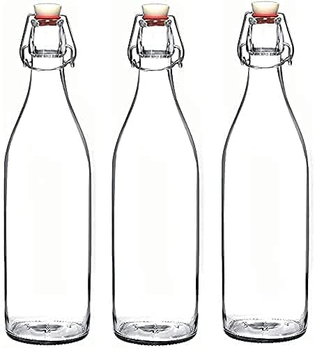 PRAMUKH FASHION Flip Top Glass Water Bottle - 1 Liter - Swing Top Water Bottle with Stopper for Beverages, Oil, Vinegar, Beer, Water, Soda, Airtight Lid & Leak Proof Cap - Clear - Pack of (3)