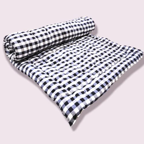 ATOOTFUSION Light Weight Medium Firm Foldable Reversible Cotton Quilt Mattress | Gadda Medium Firm, White and Black Checkered (Short Queen 72X48 Inches)