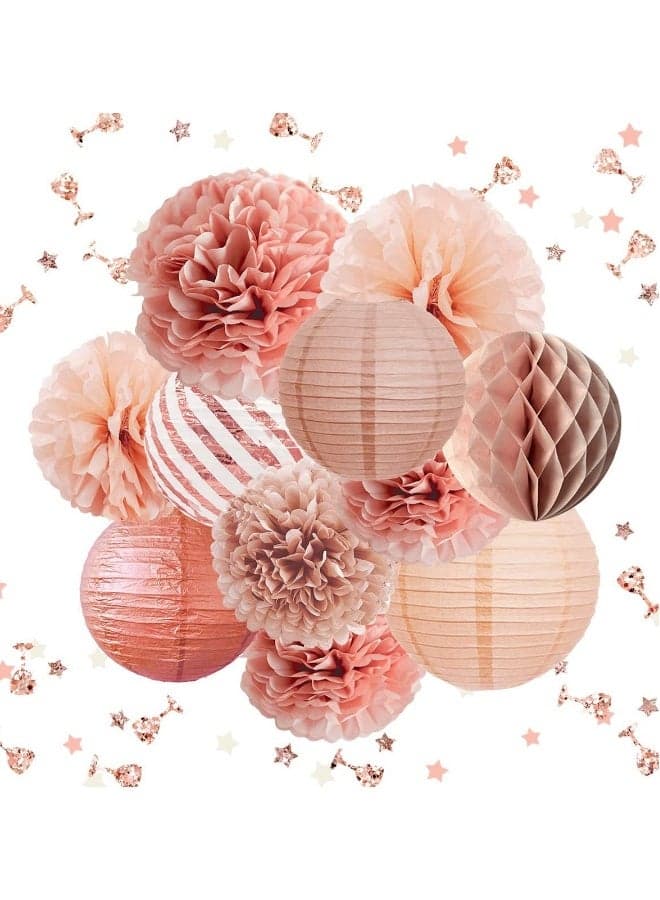 Elegant Party Decorations Tissue Pom Poms Paper Lanterns Confetti for Weddings Bridal Showers Baby Birthdays Bachelorette Rose Gold 11 Pieces