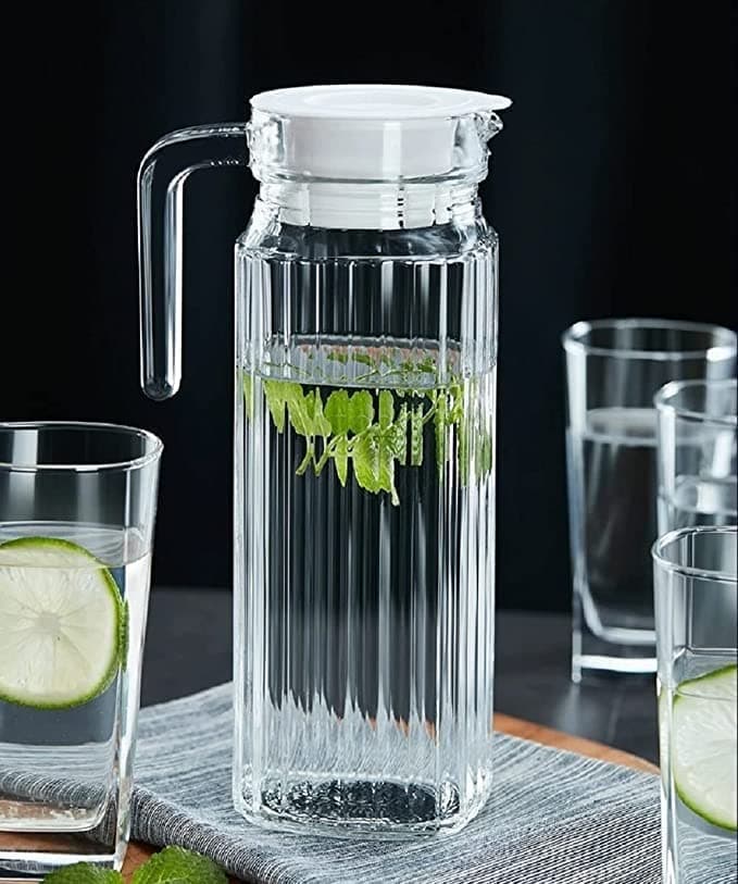 Farielyn-X Italian Premium Glass Water Jug With Plastic Lid & Handle | 1.1L Transparent Beverage Carafe For Home, Office Etc., (A``, 1), 1100 milliliters