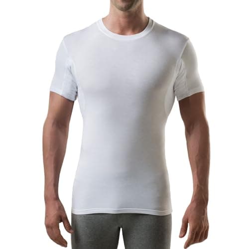 Men's Sweatproof Undershirt - Crew Neck T-Shirt with Underarm Sweat Pads - Slim Fit - Aluminum-Free Alternative - White - Medium