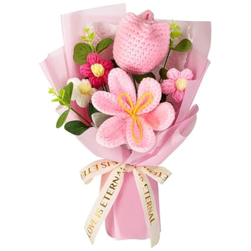 Phaicoilo Crochet Flower Bouquet: Completed Crochet Tulip Flowers for Graduation Gifts Birthday Home Decor (Pink)