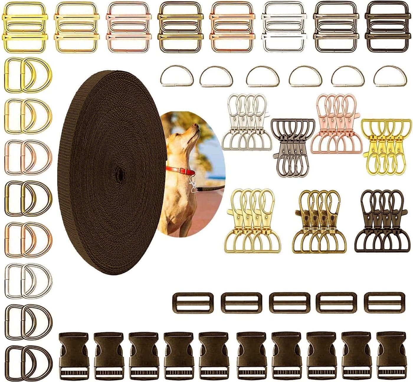 DIY Crafts 20 Sets, Antique Silver, Supply Side Slide Release Buckles Tri-Glide Slides, Nylon Webbing Straps, Plastick/Metal D Rings Snap Hooks for Luggage Belt (20 Sets, Antique Silver)