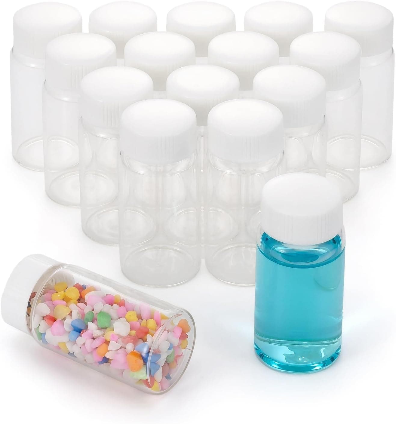 16 Pcs 20ml Small Glass Vials with White Lids, Lab Sample Vials, Empty Refillable Perfume Travel Mini Glass Bottles with Screw Caps, Leakproof Design, for Essential Oils