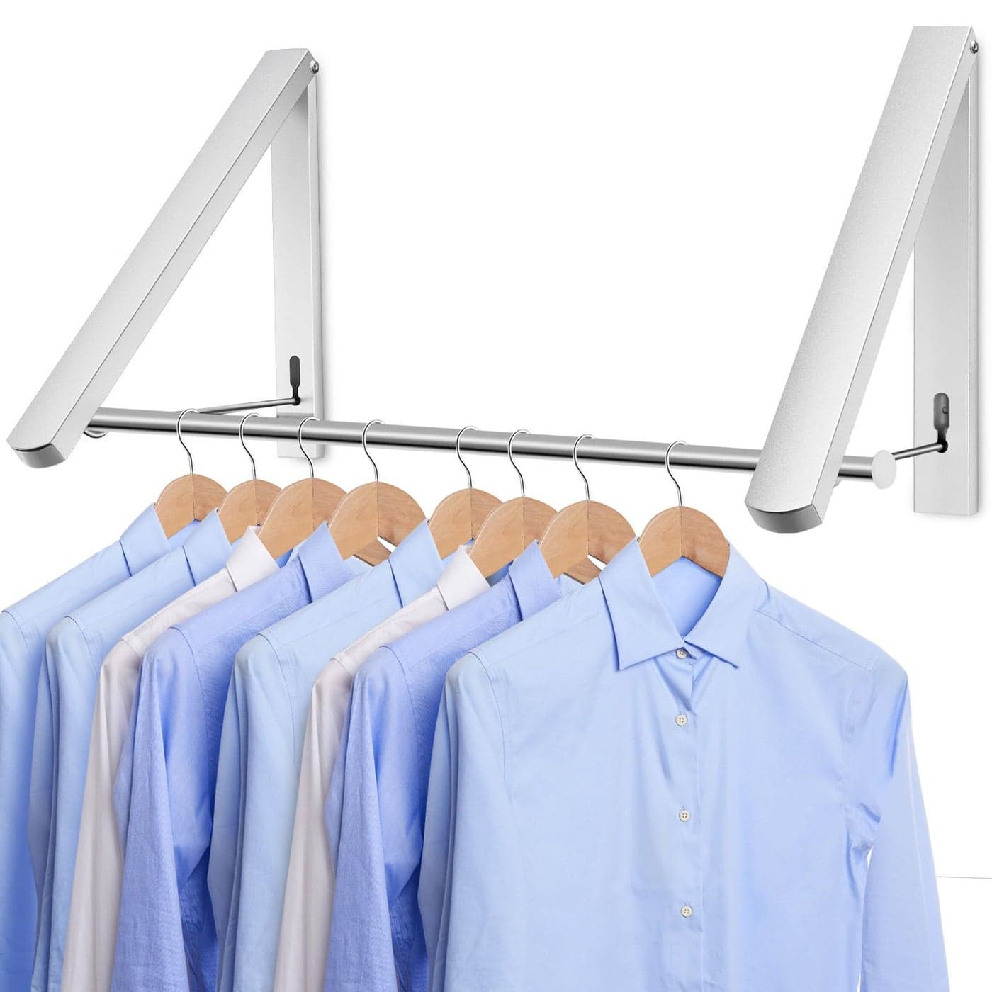 LIVEHITOP Wall Mounted Clothes Rail Folding Clothes Hanger Aluminum Stabilise Drying Rack with a Pole for Bedroom Bathroom Wardrobe Balcony Silver
