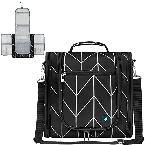 PAVILIA Extra Large Toiletry Bag Travel Bag for Women Men, Hanging Cosmetic Organizer, Water Resistant Makeup Bag for Accessories Toiletries, Travel Essentials Kit (Black Chevron)