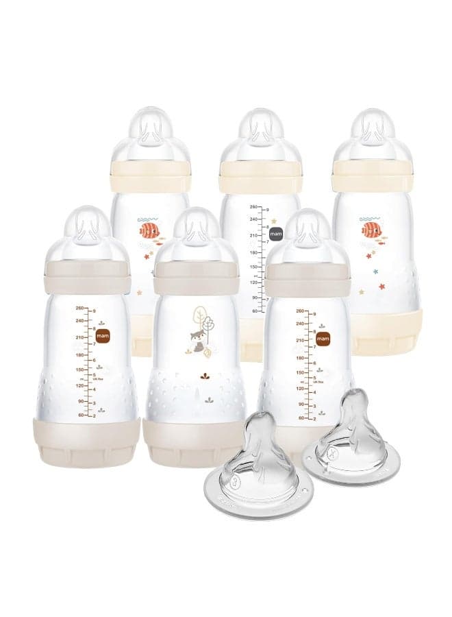 MAM 9oz Easy Start Anti-Colic Baby Bottles, Medium Flow with 2X Bonus Nipples (Fast and Extra Fast Flow), Reduces Colic, Gas, & Reflux, Easy-to-Clean, BPA-Free, 2 Plus Months