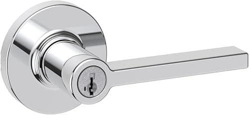 Kwikset Casey Entry Round Door Handle with Lock and Key Secure Keyed Reversible Lever Exterior Doorlock for Front Entrance and Bedrooms Polished Chrome Pick Resistant Smartkey Rekey Security