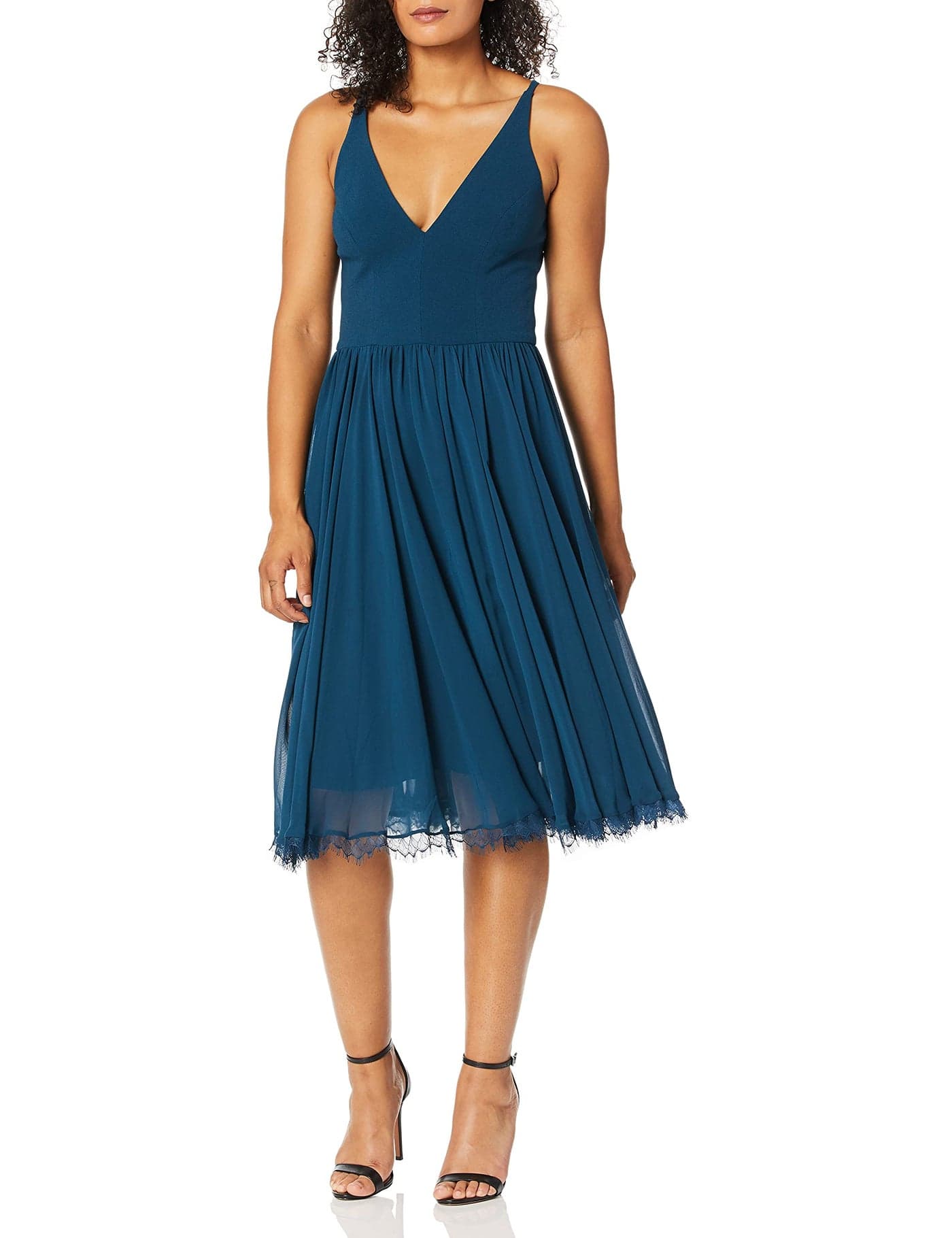 Dress the Population Women's Alicia Plunging Mix Media Sleeveless Fit & Flare Midi Dress Dress, Peacock Blue, l