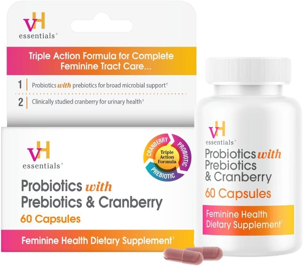 vH Essentials Probiotics for Women with Prebiotics Cranberry Vitamin C 60 Capsules 30 Day Supply Vaginal Probiotics Support Gut Balance Vaginal Health Urinary Tract Health for Women