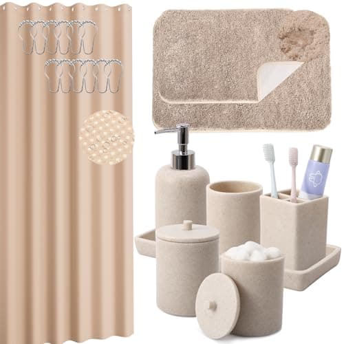 Resin 6 Pcs Beige Bathroom Set Complete with Toothbrush Holder, Lotion Soap Dispenser, 2 Qtip Holder Dispensers,Vanity Tray,Bathroom Tumbler - Countertop Vanity Organizer - Bathroom Accessories Set