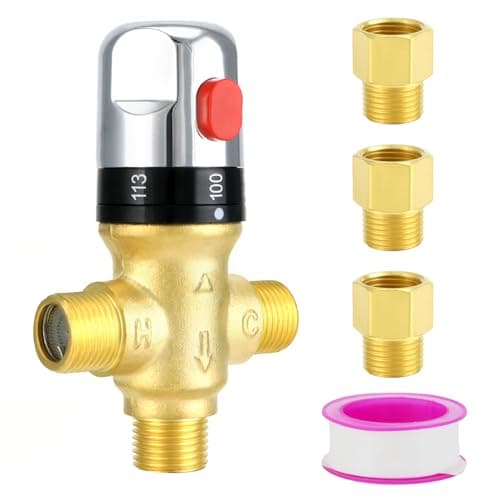 QWORK Thermostatic Mixing Valve, Solid Brass Pipe Water Valve with Temperature Control - 1/2 NPT Male Connections - Includes 3 Adapters, for Wash Basins, Showers, Kitchens