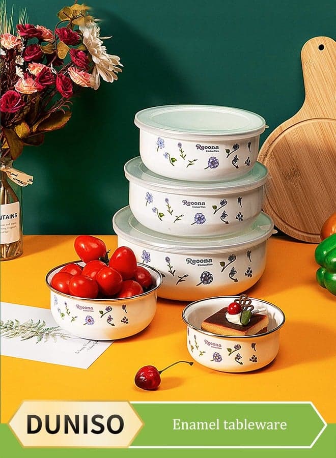 5 Pieces of Enamel bowls set, thickened enamel preservation bowls, salad mixing bowls,with floral patterns, covered, heat resistant and drop resistant, used for storing tea, dried fruits, fruit,seasonings