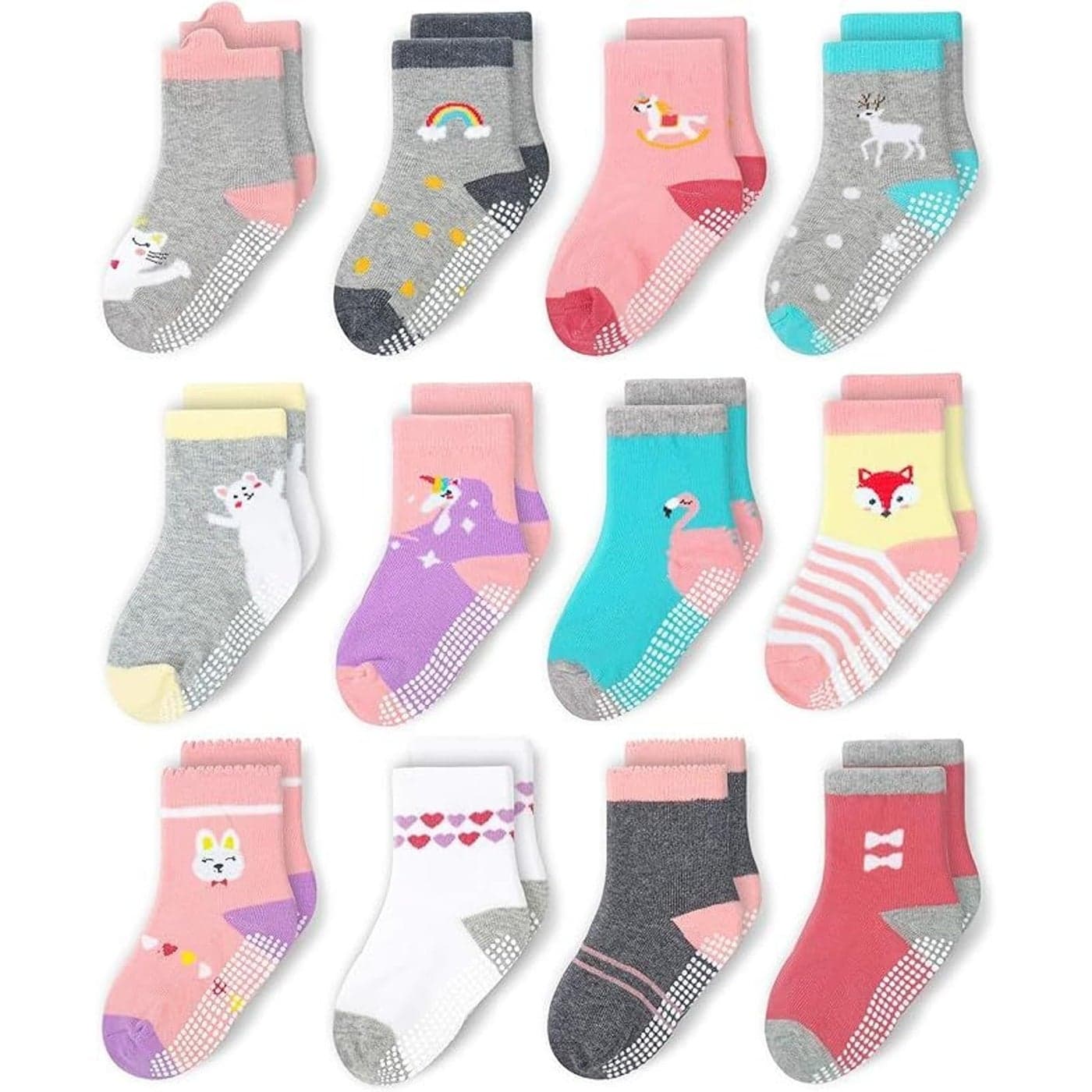 CozyWay Toddler Girl Socks With Grippers Non Slip Crew Grip Socks for Girls Soft Comfy Cotton - 3T-5T Cute Multi Color - 12 Pack