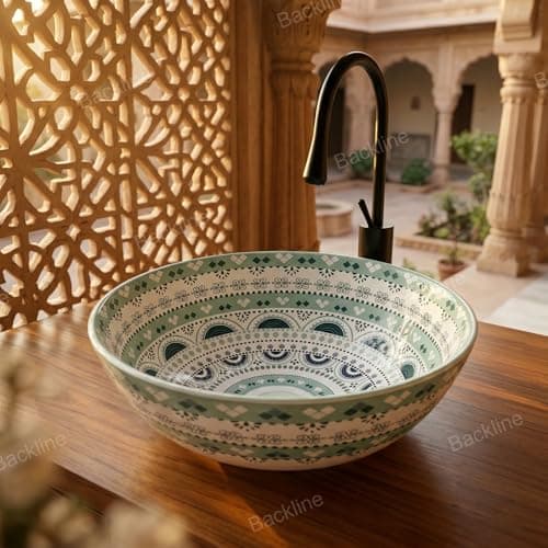 B Backline Ceramic Moroccan Wash Basin Countertop | Tabletop Ceramic Bathroom Sink | Modern Wash Basin | Basin For Bathroom 41 X 41 X 14 Cm (Glossy Finish) (Green Moroccan) (5 Year Warrenty)