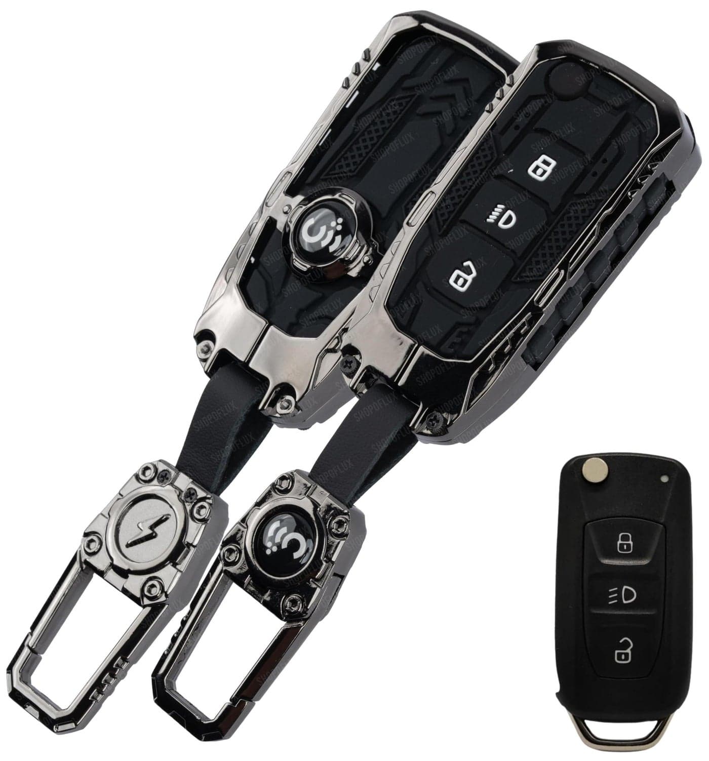 SHOPOFLUX Metal Key Cover Compatible with Tata Tiago | Nexon | Altroz | Curvv | Safari | Storme | Zest | Bolt | Tigor | Punch | Hexa 3 Button Flip Key (Metal Silicone Black)