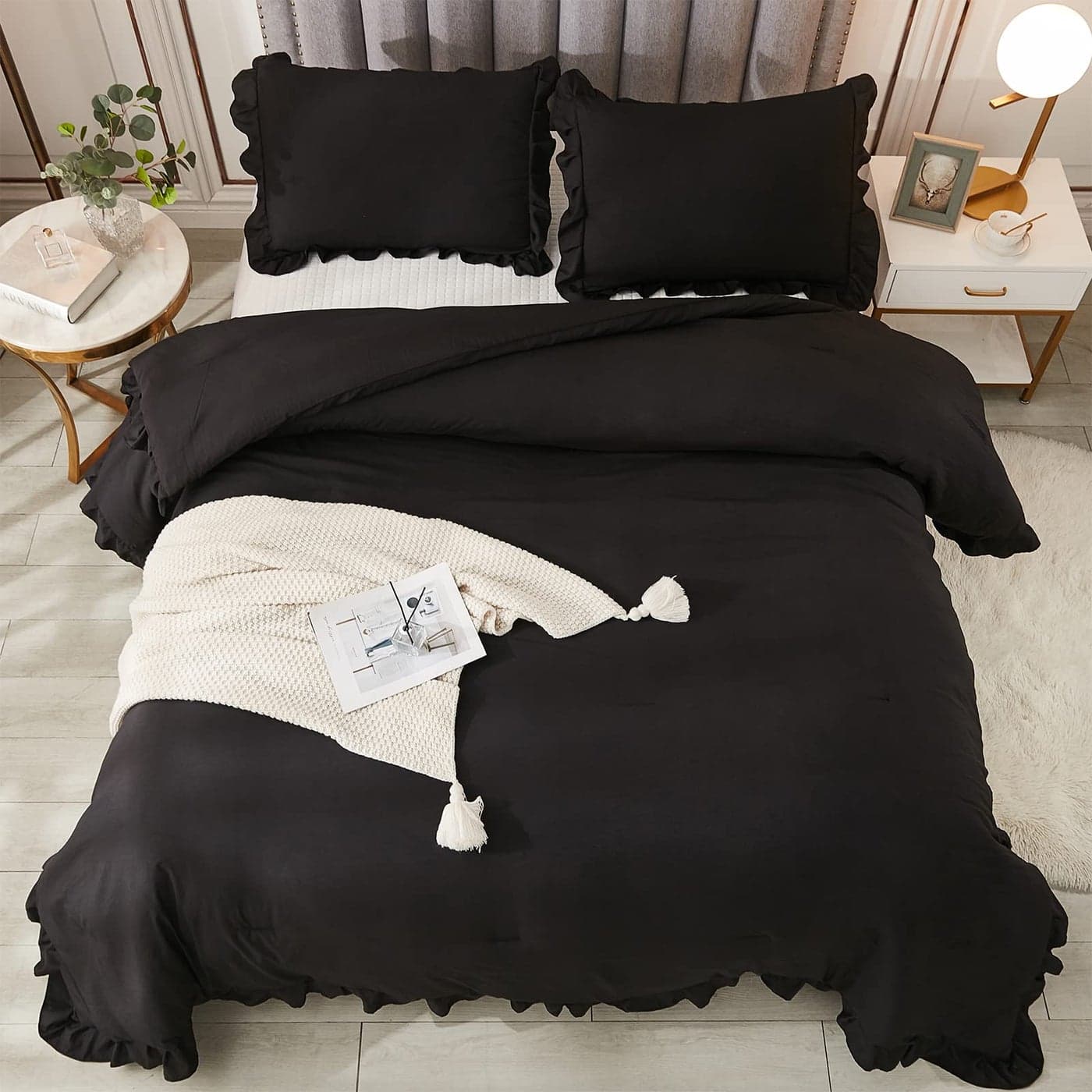 Andency Black Queen Comforter Set 3 Pieces Farmhouse Shabby Chic Bedding Comforter Sets for Queen Bed Soft Lightweight Fluffy All Season Down Alternative Bed Set for Men Women