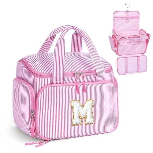 YOOLIFE Birthday Gifts for Teen Girls Hanging Travel Toiletry Bags for Women Teen Girl Initial Toiletry Bag for Women Toiletries Pouch for Girl Personalized Gift for Daughter Sister Pink M