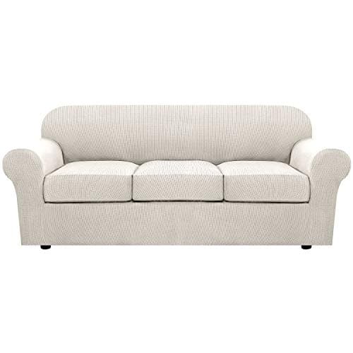 H.VERSAILTEX 4 Piece Stretch Couch Covers for 3 Cushion Couch Sofa Furniture Slipcovers Feature Upgraded Thicker Jacquard Fabric (Sofa, Ivory)
