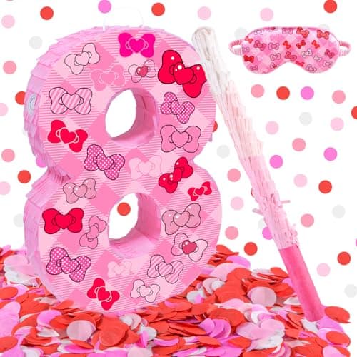 Pink Bow 8th Birthday Decorations 1575inch Bow Number 8 Piata with Blindfold Stick and Confetti for Pink Bow Birthday Party Supplies 8