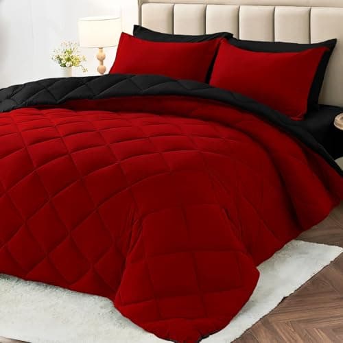 MUXHOMO 7 Pieces Queen Comforter Set Reversible Bed in a Bag Queen Size All Season Bedding Set with Comforter Flat Sheet Fitted Sheet Pillowcases Shams Red Black