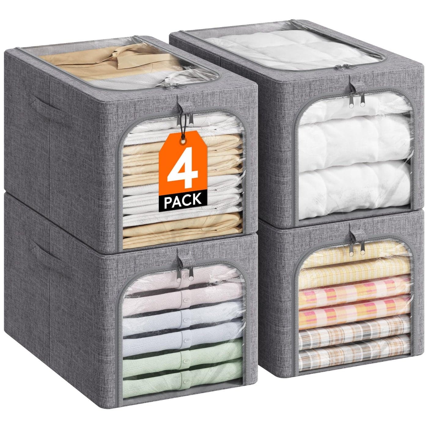 Lifewit Clothes Storage Bins with Metal Frame 4 Pack Fabric Stackable Storage Bags with Lids Zipper Foldable Clost Organizers Containers for Clothing Blanket Winter Cloth 40L