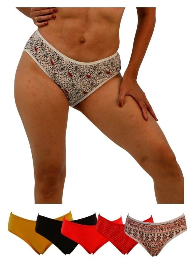 D092 Women's Geometric & Plain Design Mid Rise 6-Pack Panties, Multicolor, XL