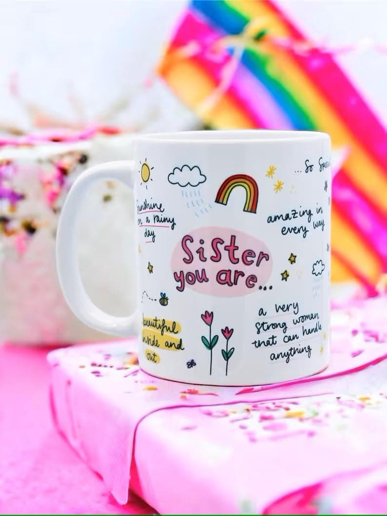 DAYS Sister You are Mug Sister Ceramic Coffee Mug with Inspirational Design, Rainbow and Floral Pattern, White Rakhi Gift for Sister Little Sister Cousin