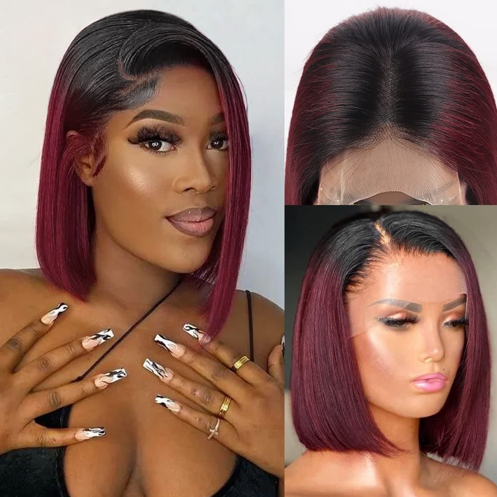 Flady 1B 99j Bob Wig Human Hair 13x4 HD Frontal Lace Wig 150% Density 1B Burgundy Lace Front Wigs Human Hair Pre Plucked Red Frontal Bob wig Short Straight Bob Wigs for Black Women 10 inch