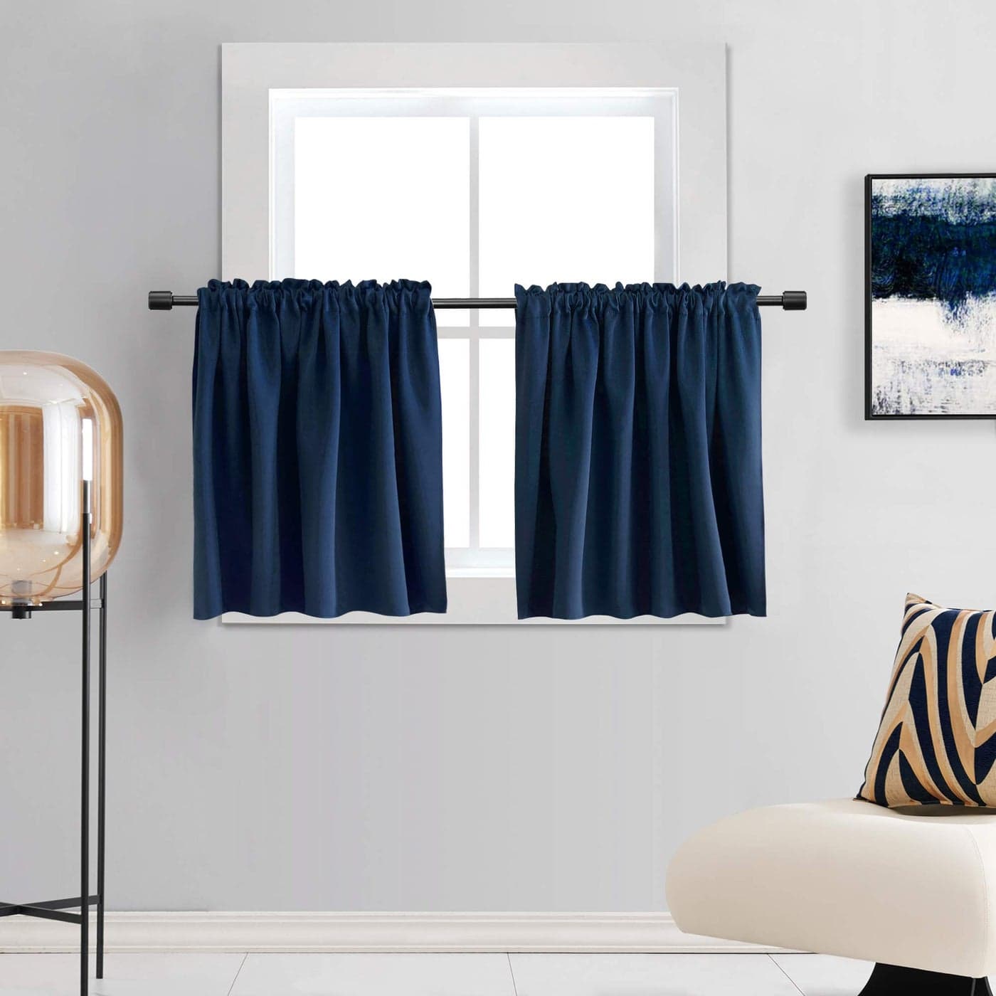 DONREN Navy Blue Blackout Tier Curtain Panels for Small Window Thermal Insulated Room Darkening Rod Pocket Valance Curtains for Livingroom 30 by 30 Inch 2 Panels