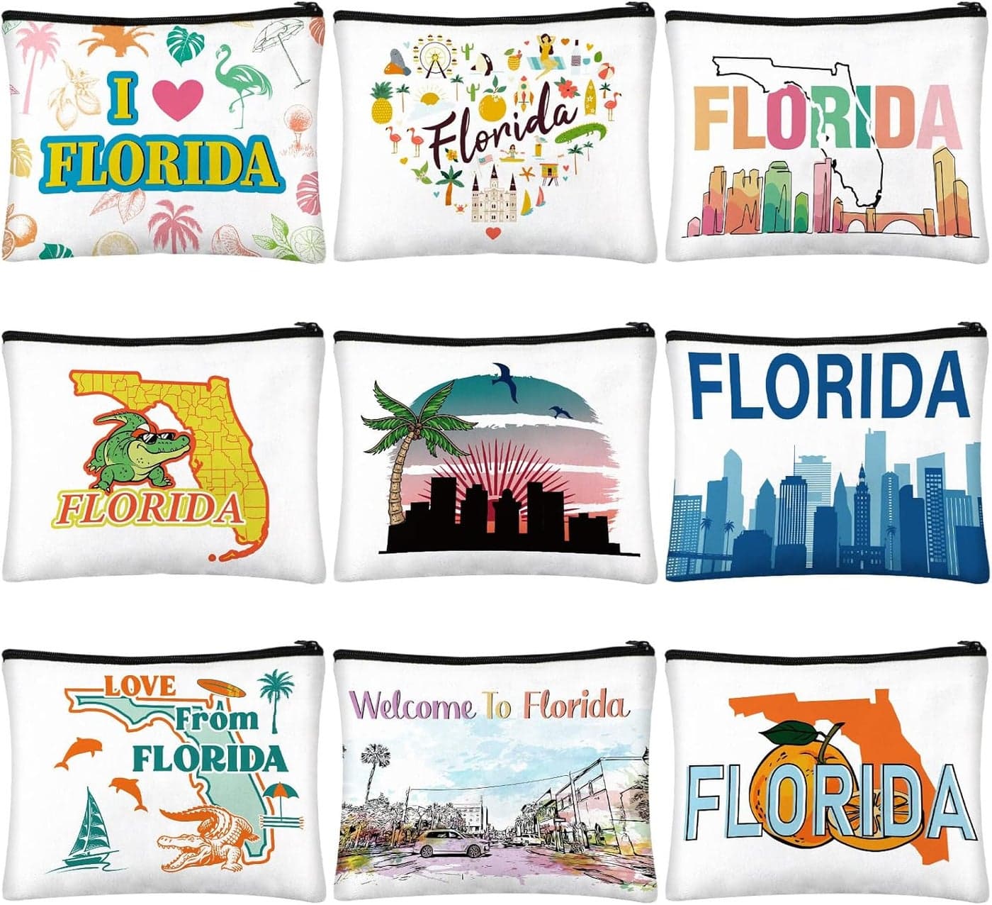 Reginary 9 Pcs City Cosmetic Bag USA City Souvenir Gifts Texas Makeup Bag Chicago Texas Florida Souvenirs Makeup Purse for Women Girls Traveler Birthday Christmas Favors(Florida)