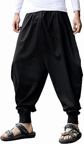 AITFINEISM Mens Drawstring Aladdin Hippie Harem Pants Loose Drop Crotch Trousers XXLarge Black2