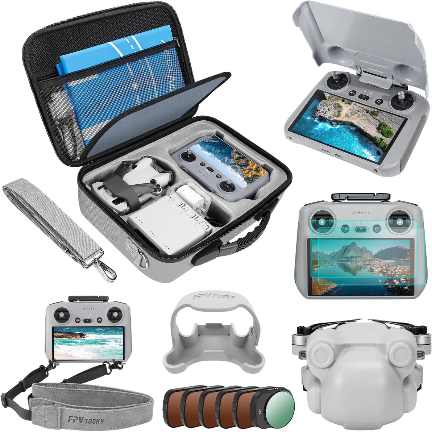 FPVtosky Mini 4 Pro Accessories Bundle 7IN1 Kit Carrying Case ND Filter Set RC2 Sunshade Lanyard Lens Cap Screen Protector Propeller Holder for DJI Mini 4