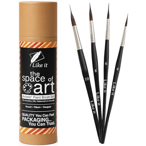 Like it Needle Paint Brush Set, Professional Brushes, Sizes 4, 6, 8, 10, Kolinsky Synthetic, Extended Needle Set of 4 with Brush Holder