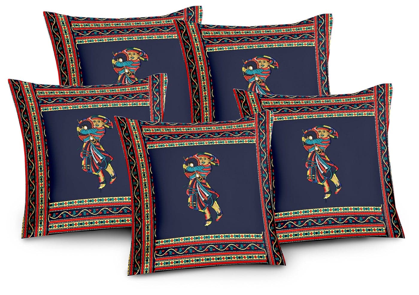 Lali prints Patch Work Blue Ethical Jaipuri Print Cushion Cover Set of 5