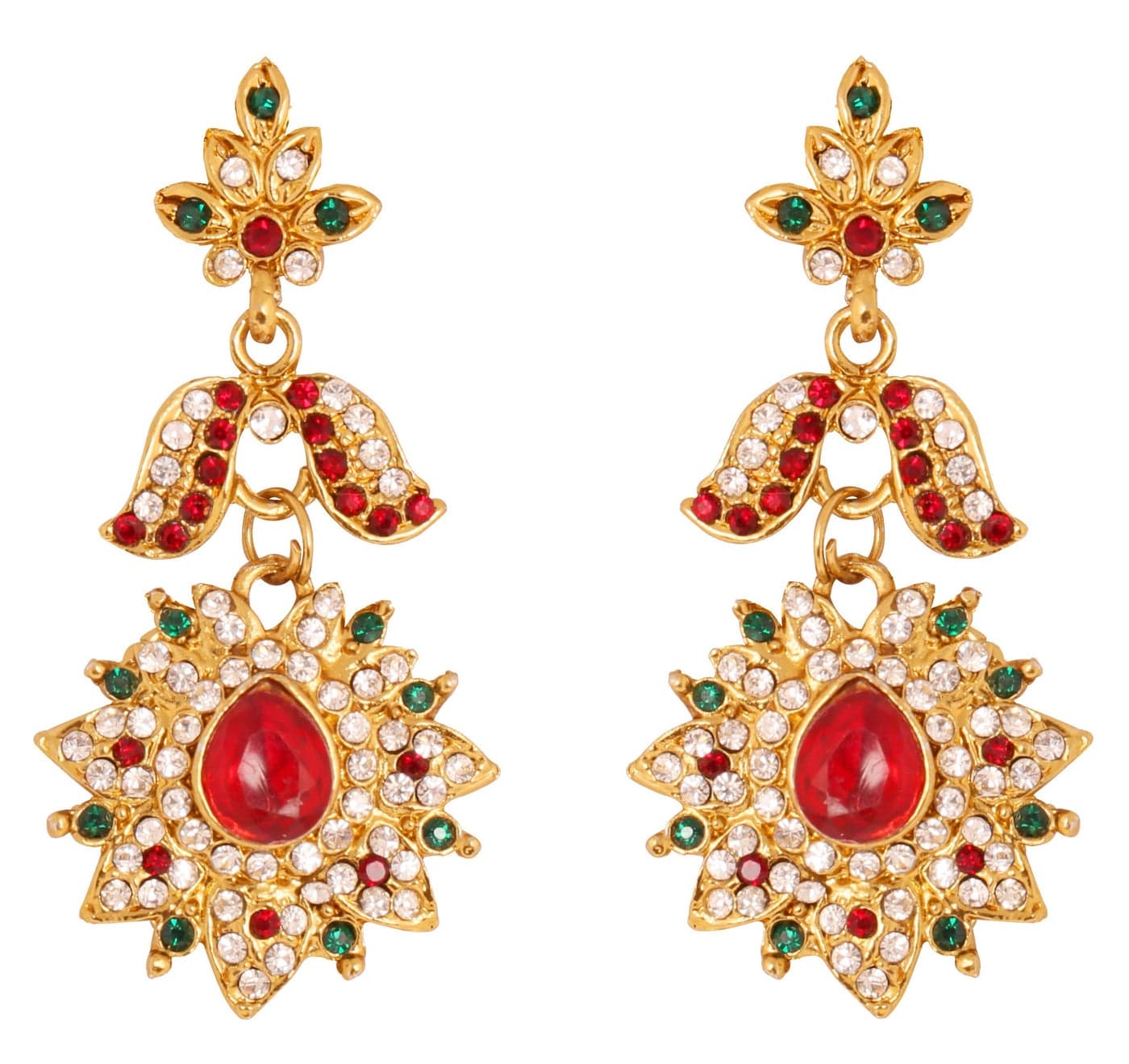 Touchstone Indian Bollywood Traditional Handcrafted White Red Green Chandelier Designer Crystal Jewelry Colorful Long Earrings Jhumki In Antique Gold Tone For Women.