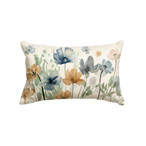 AVOIN colorlife Poppy Flowers Chinoiserie Spring Throw Pillow Cover, 12 x 20 Inch Light Brown Blue Seasonal Leaves Cushion Case Decoration for Sofa Couch Farmhouse