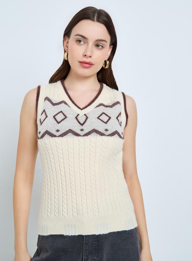 Styli Cream Cable Knit Patterned Vest