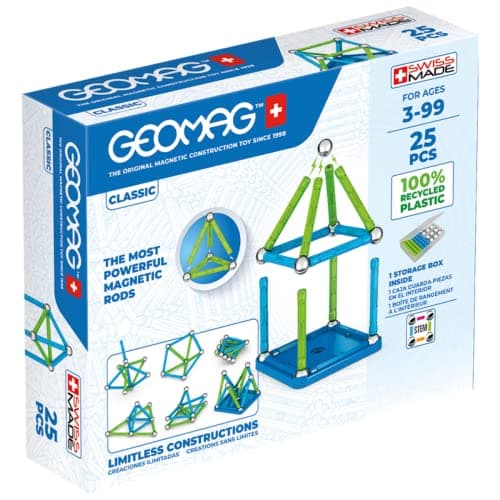 Geomag Classic Magnetic Toys for Kids Ages 8 25pc Educational STEM Magnets for Kids SwissMade Magnetic Blocks Tiles and Building Toys from 100 Recycled Plastic