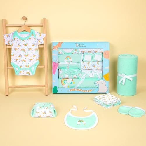 SuperBottoms New Born Baby Essentials Gift Box - 6 Pieces | 0-6 Months Baby Dress Clothes Combo | New Born Baby Dress | Rompers | Baby Kit | Baby Boy Girl Clothing Set | New Born Baby Gifts
